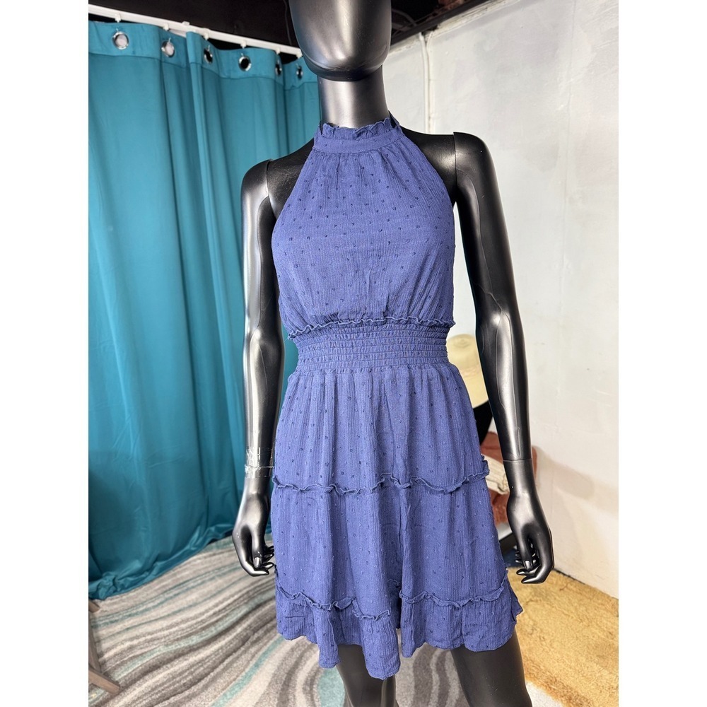 Speechless Navy Blue Swiss Dot Tiered Halter Neck Mini Dress Size Small